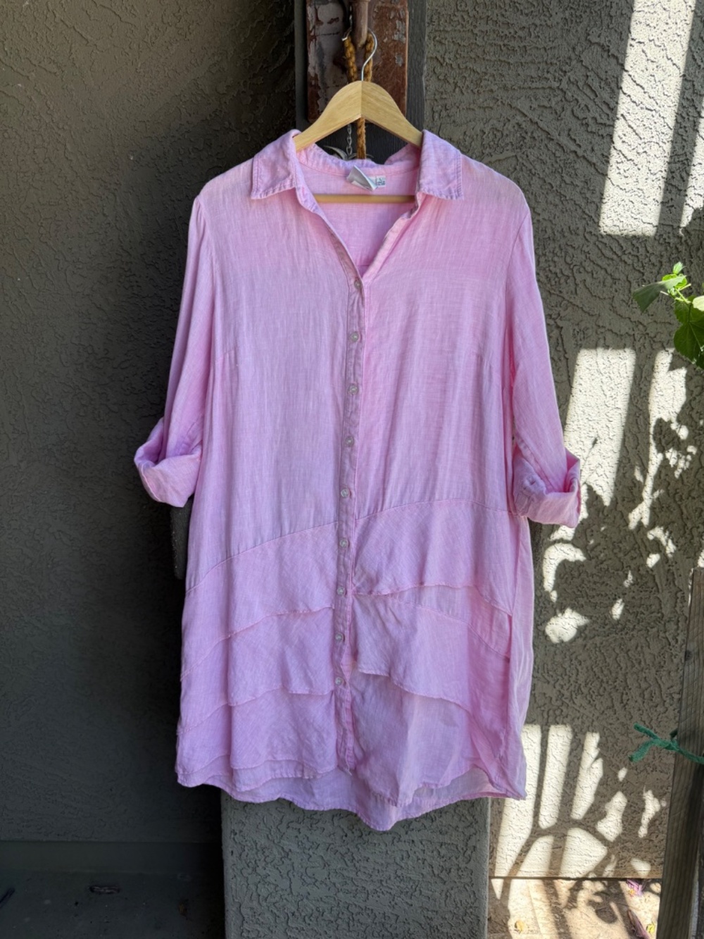 Finley Jenna 100% Linen Pink Layered Ruffle Tunic Shirt Dress Large Made USA - Picture 3 of 15